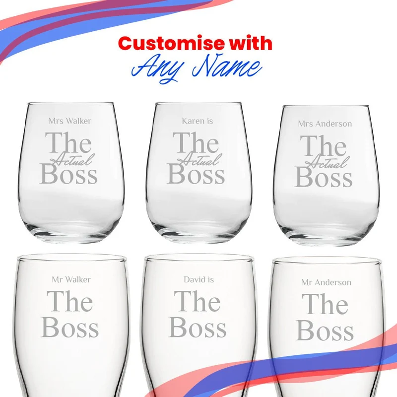 Engraved His and Hers Beer and Stemless Wine Set, The Actual Boss