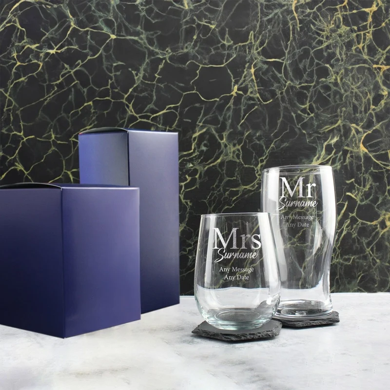 Engraved Mr and Mrs Beer and Stemless Wine Set, Classic Font