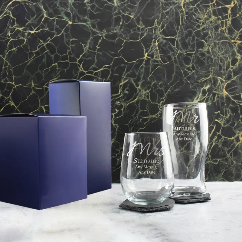 Engraved Mr and Mrs Beer and Stemless Wine Set, Elegant Font