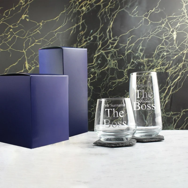 Engraved His and Hers Whisky and Cocktail Set, The Actual Boss