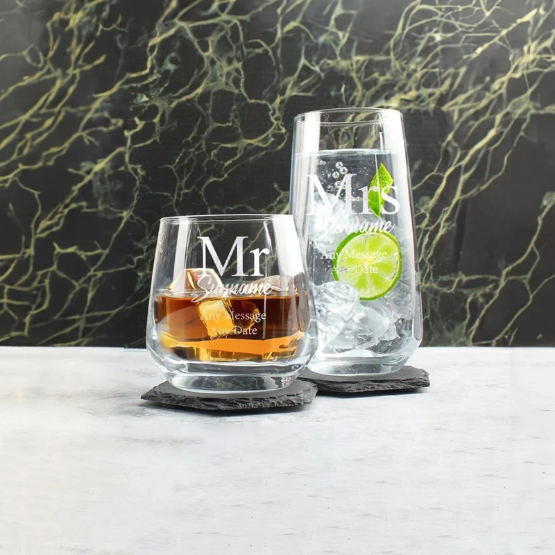 Engraved Mr and Mrs Whisky and Cocktail Set, Classic Font