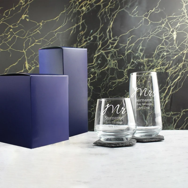 Engraved Mr and Mrs Whisky and Cocktail Set, Elegant Font