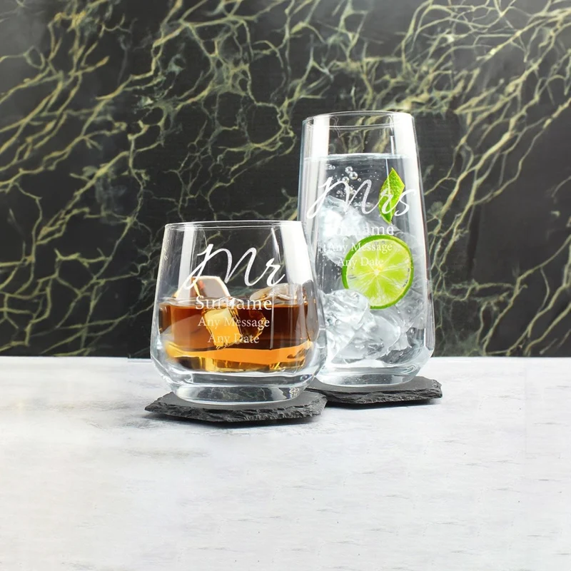 Engraved Mr and Mrs Whisky and Cocktail Set, Elegant Font