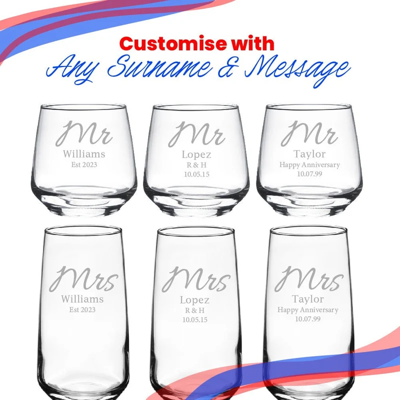 Engraved Mr and Mrs Whisky and Cocktail Set, Elegant Font