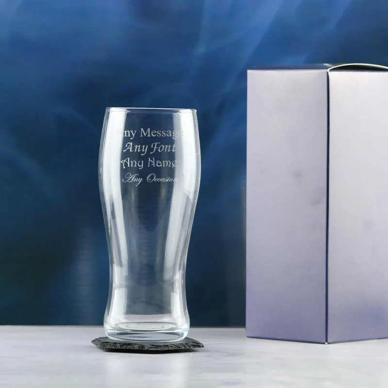 Engraved Pint Glass, Nevis Curved 20oz Beer Glass, Gift Boxed