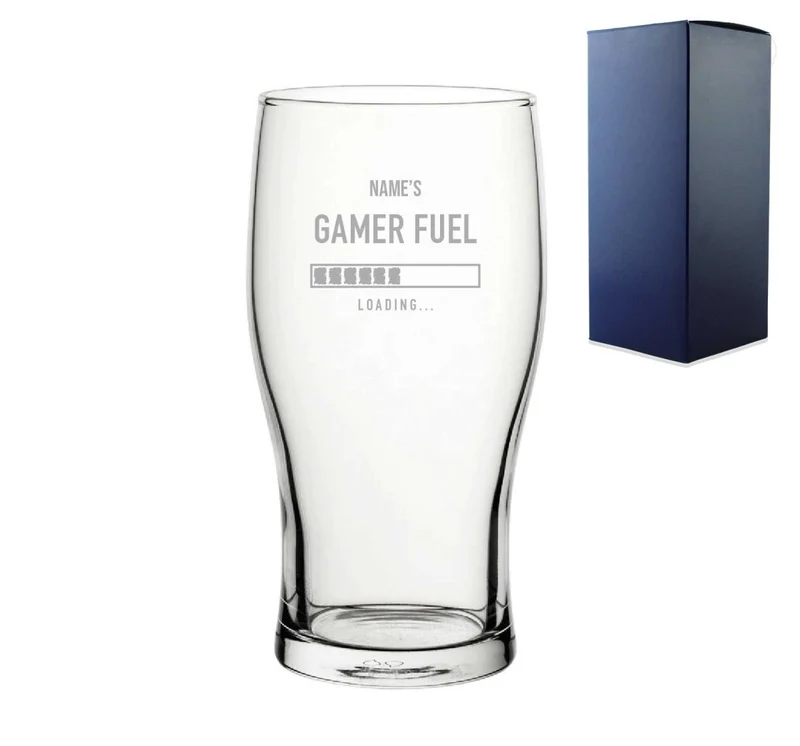 Engraved Pint Glass Name's Gamer Fuel Design, Gift Boxed, Personalise with any name for any gamer