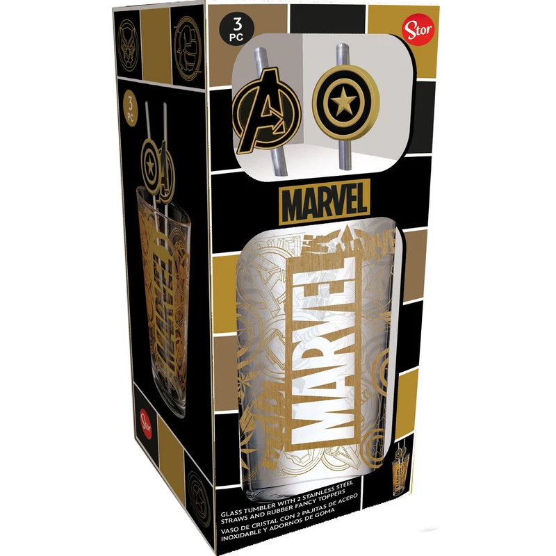 Marvel Glas Tumbler mit Trinkhalmen Logo & Avengers 485 ml