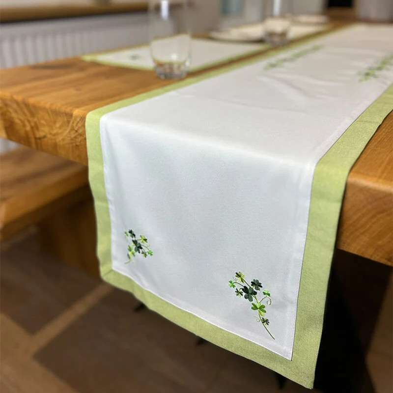 Irish Linen Embroidered Shamrock Table Runner 14" x 54"