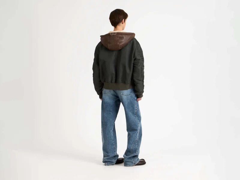 WOMENS HOODED BOMBER JACKET IN DARK KHAKI