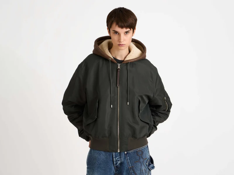 WOMENS HOODED BOMBER JACKET IN DARK KHAKI