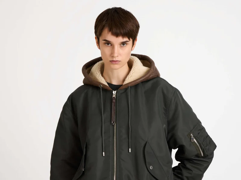 WOMENS HOODED BOMBER JACKET IN DARK KHAKI