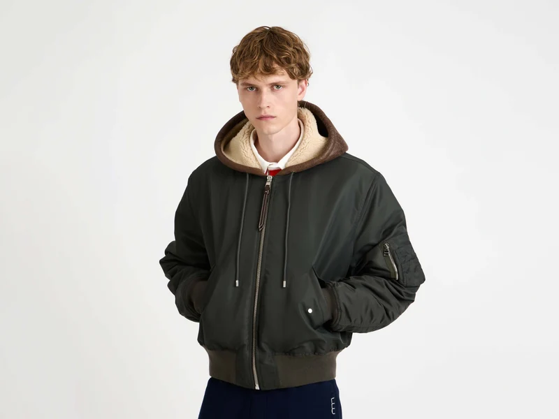 MENS HOODED BOMBER JACKET IN DARK KHAKI