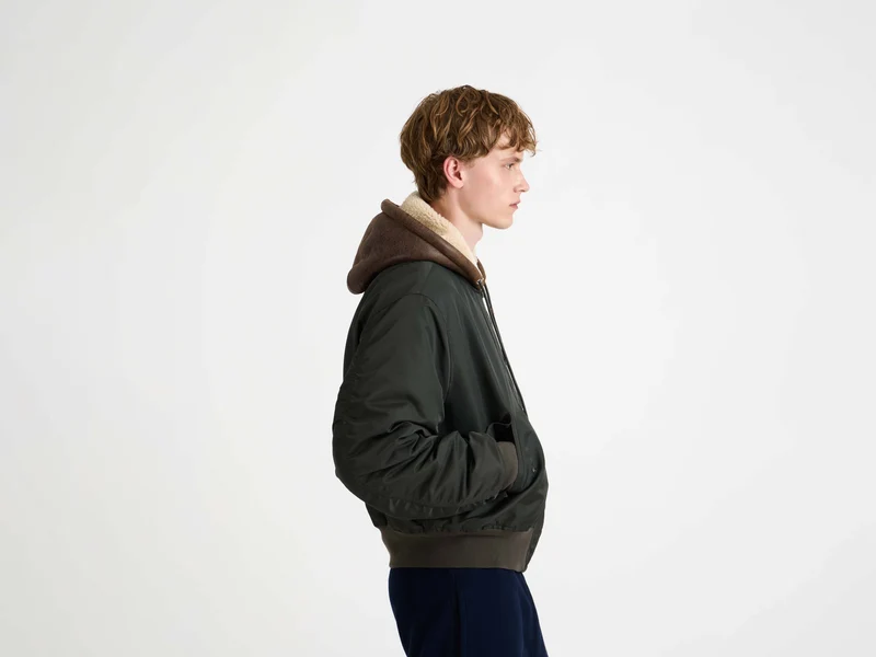 MENS HOODED BOMBER JACKET IN DARK KHAKI