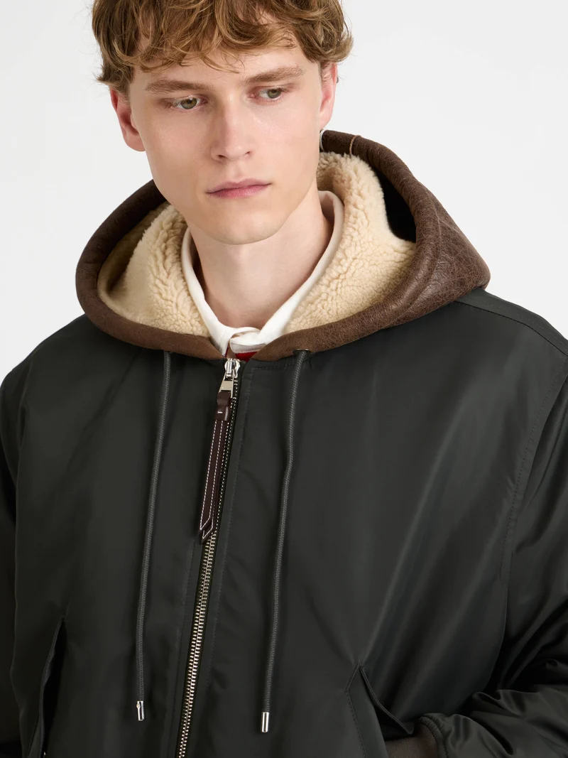 MENS HOODED BOMBER JACKET IN DARK KHAKI