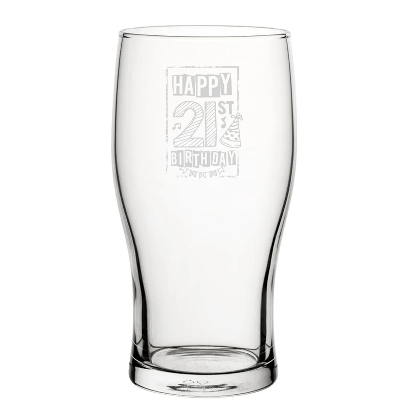 Happy 21st Birthday Bordered - Engraved Novelty Tulip Pint Glass