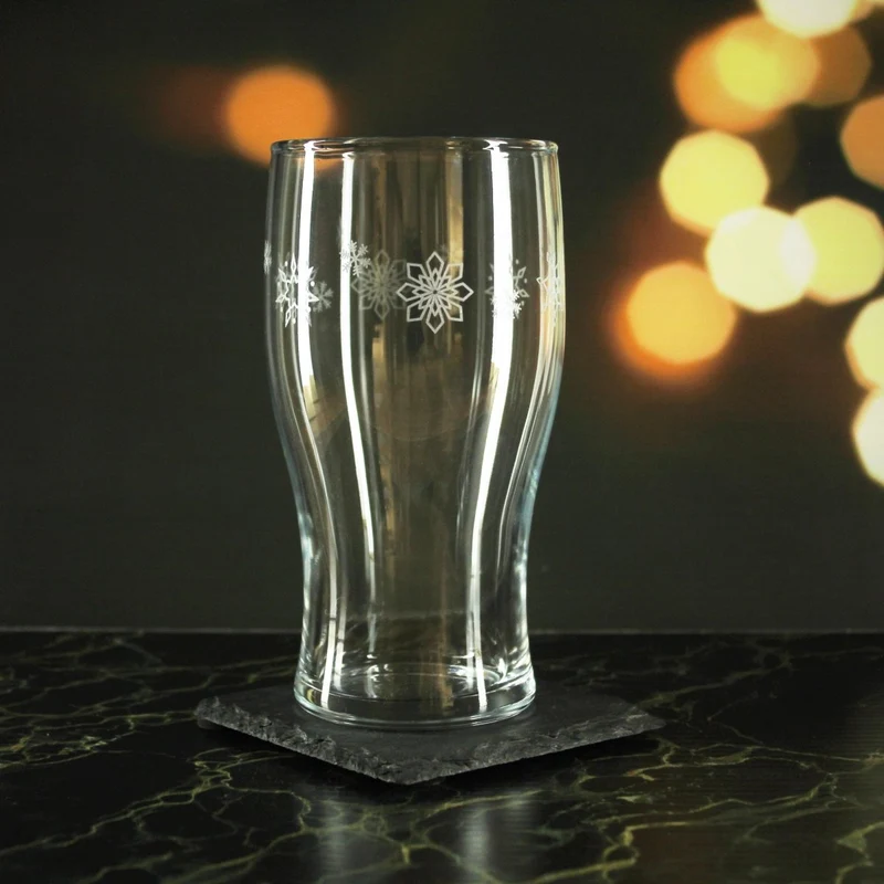 Engraved Snowflake Pattern Tulip Pint Glass Set of 4 20oz Glasses