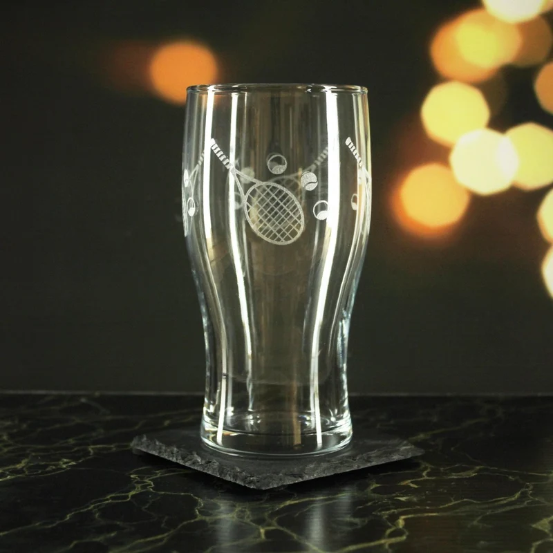 Engraved Tennis Pattern Pint Glass Set of 4, 20oz Tulip Glasses
