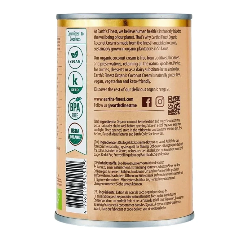 Earth's Finest Organic Coconut Cream, Sri Lanka - 400ML