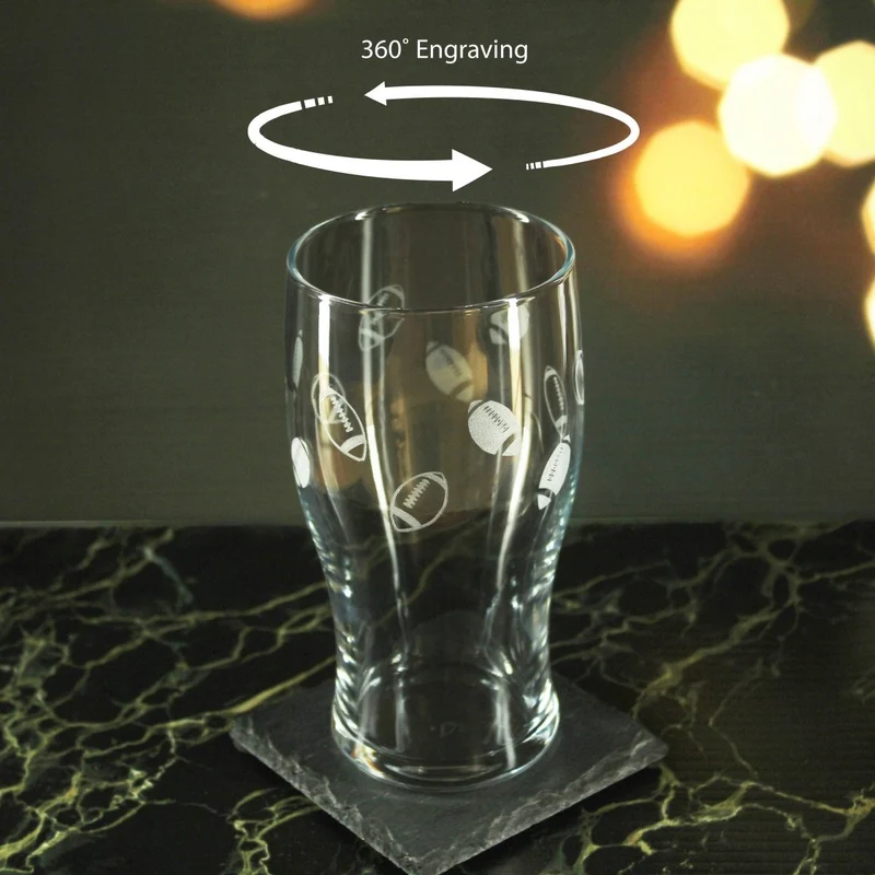 Engraved American Football Pattern Pint Glass Set of 4, 20oz Tulip Glasses