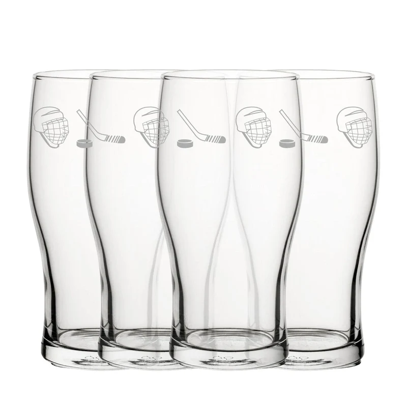 Engraved Ice Hockey Pattern Pint Glass Set of 4, 20oz Tulip Glasses