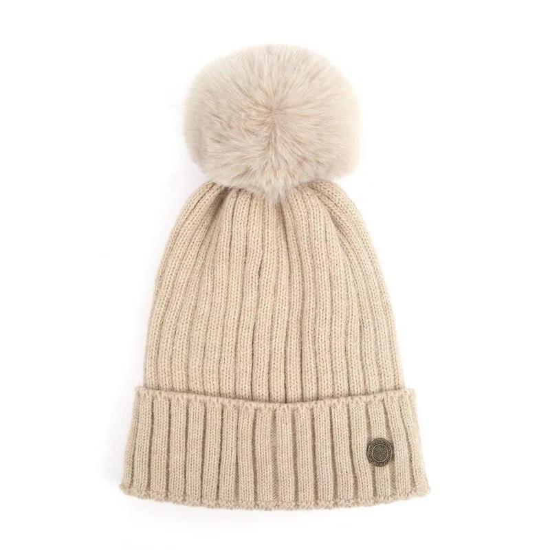 Celtic Weave Ribbed Bobble Hat Beige