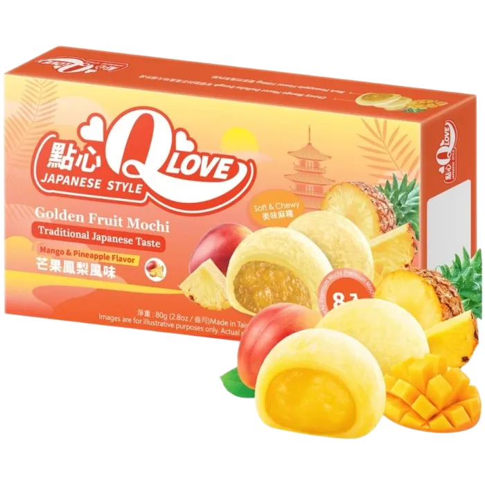 QLove Mini Mochi Golden Fruit Premium 80G Fruchtige Mochi mit Mango und Ananasfüllung