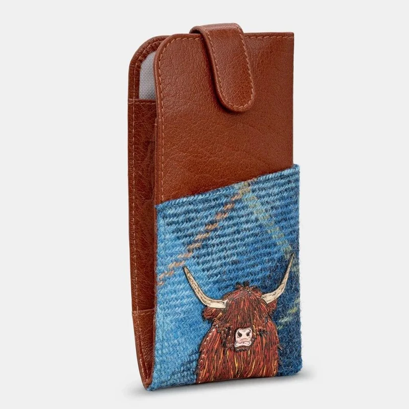 Yoshi Brown Leather + Tweed Highland Cow Glasses Case