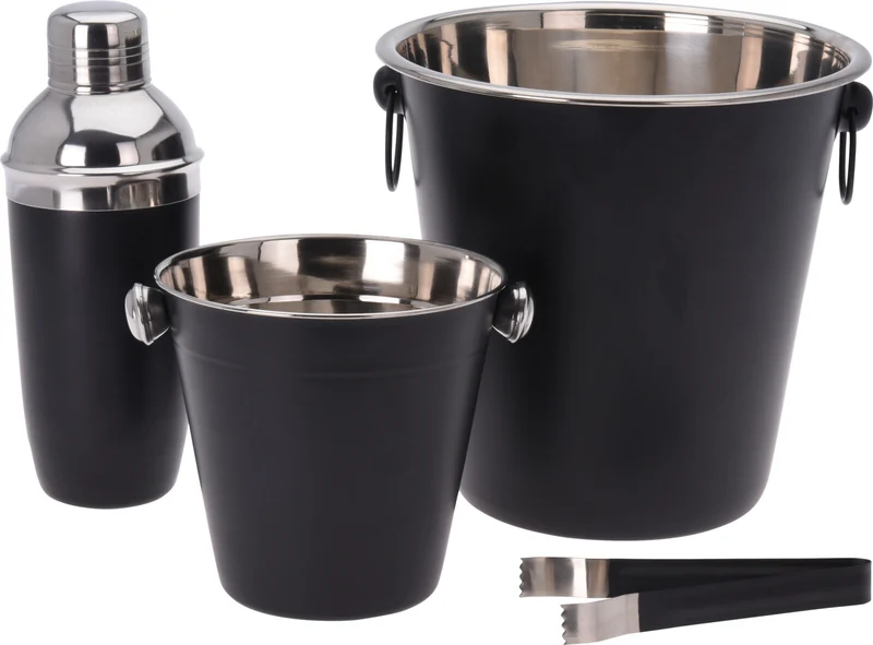 Cookinglife Barset Schwarz 4-teilig - Cocktailshaker, Champagnerkühler, Eiskübel und Zange