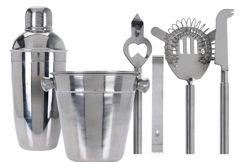 Cookinglife Barset RVS 6-teilig - Cocktailshaker, Eiseimer, Sieb, Flaschenöffner, Zange und Messer
