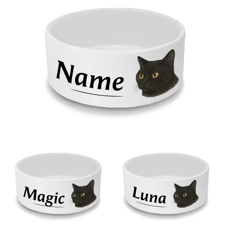 Personalised Small Cat Bowl with Black Cat Design