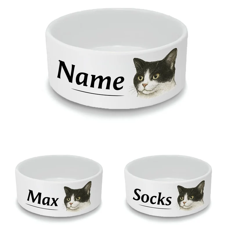 Personalised Small Cat Bowl with Tuxedo Cat Design