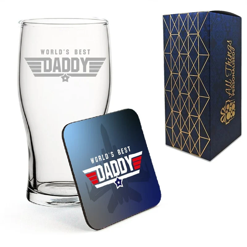 Engraved Pint Glass and Coaster Set, Top Daddy, Gift Boxed