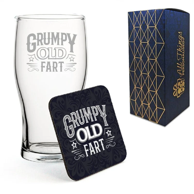 Engraved Pint Glass and Coaster Set, Grumpy Old Fart, Gift Boxed