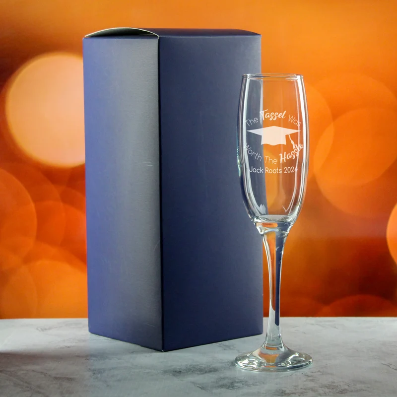 Personalised Engraved Graduation Champagne Flute with 'The Tassel was worth the Hassle' Design, Personalise with Any Name or Message