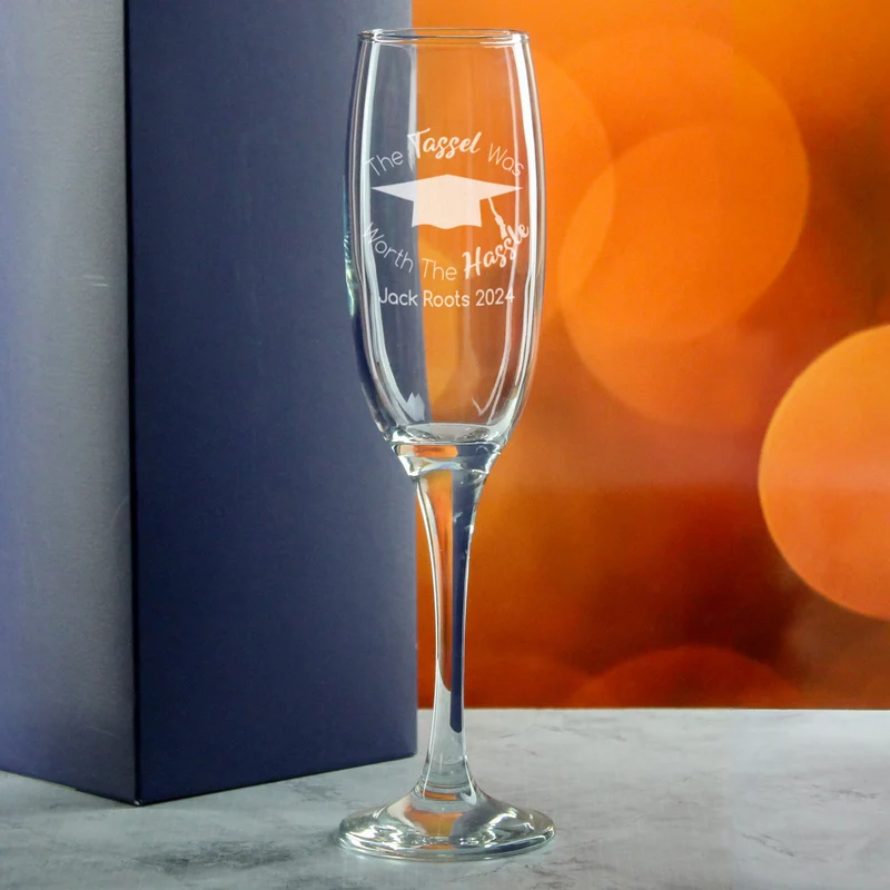 Personalised Engraved Graduation Champagne Flute with 'The Tassel was worth the Hassle' Design, Personalise with Any Name or Message