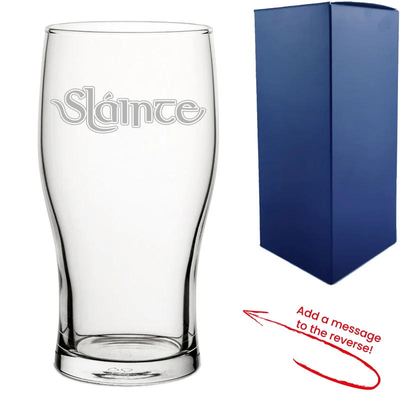 Engraved Pint Glass with Slainte Celtic Design, Add a Personalised Message to the Reverse