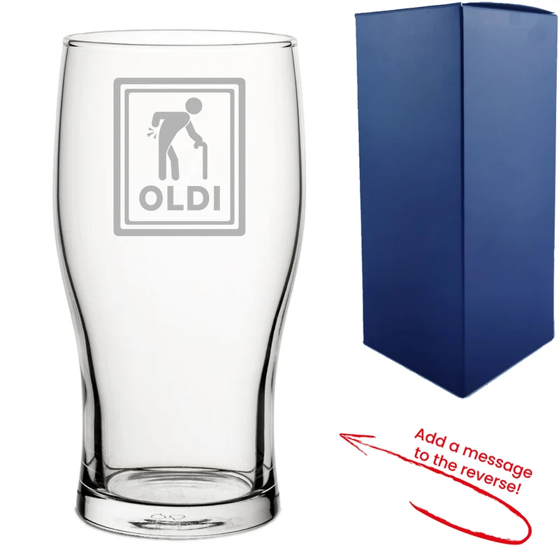 Engraved Pint Glass with Oldi Design, Add a Personalised Message to the Reverse