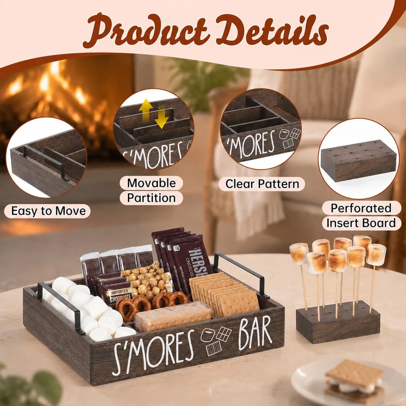 Wooden S'mores Bar Station, Smores Caddy Holder with Handles for Counter