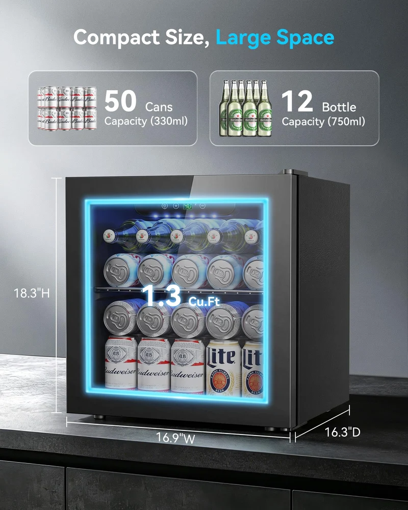 Feelfunn 50 Can Beverage Refrigerator, 1.3CuFt Mini Fridge with Glass Door