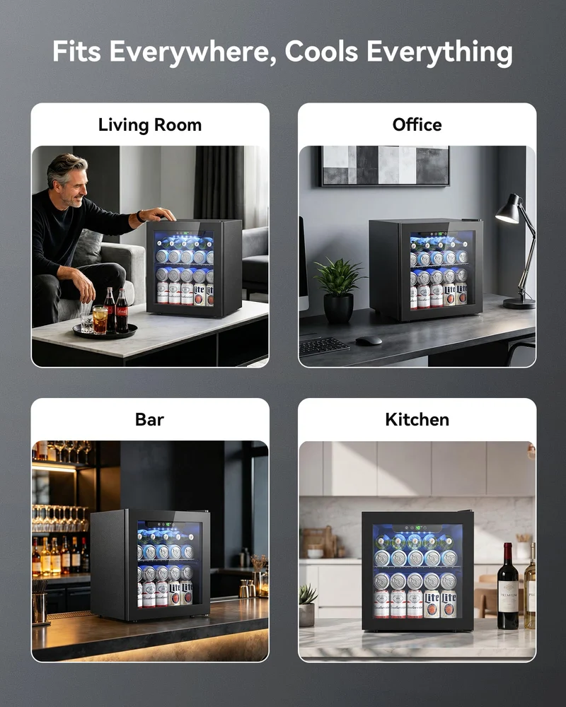 Feelfunn 50 Can Beverage Refrigerator, 1.3CuFt Mini Fridge with Glass Door
