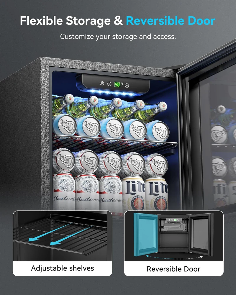Feelfunn 50 Can Beverage Refrigerator, 1.3CuFt Mini Fridge with Glass Door