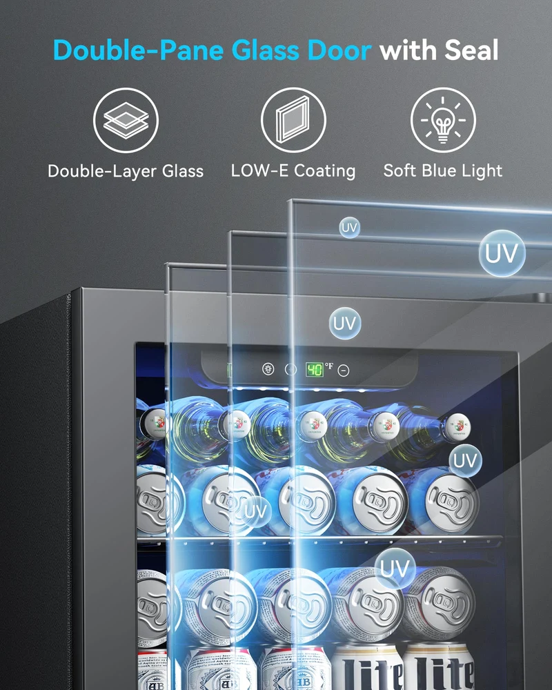 Feelfunn 50 Can Beverage Refrigerator, 1.3CuFt Mini Fridge with Glass Door