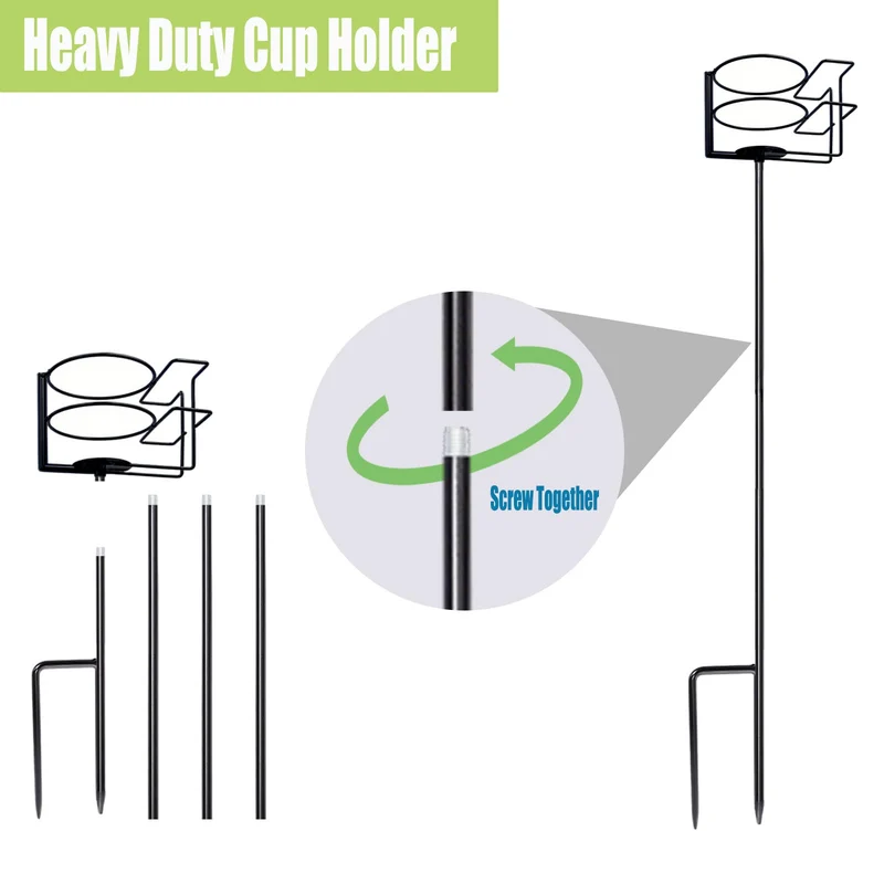 Outdoor Cup Holders, Heavy Duty Metal Beach Drink & Phone Holder Stakes Set