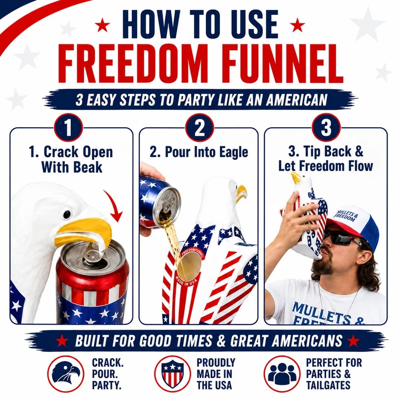 Freedom Funnel – Patriotic Eagle Beer Funnel with American Flag Design – 60oz Capacity and Smooth, Fast Pour – Made in USA – Durable, Washable Plastic – Patriotic Party Starter