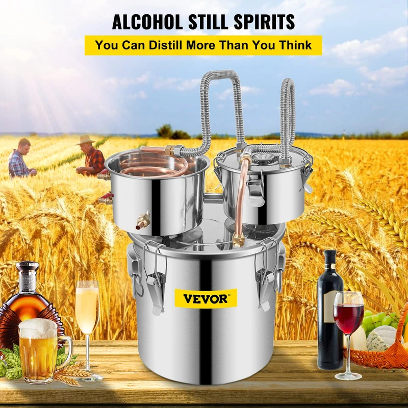VEVOR Alcohol Still 5GAL/20L, Alcohol Distiller with Thumper Keg, Distillery Kit for Alcohol with Copper Tube & Build-in Thermometer & Water Pump