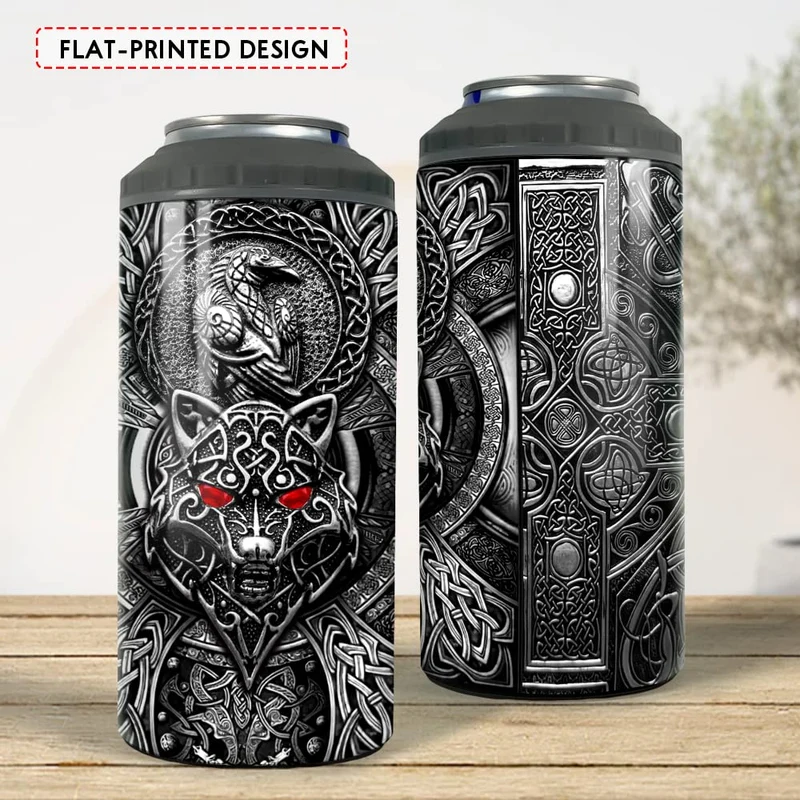 SANDJEST Wolf Tumbler Raven Viking 4 in 1 12oz Tumbler Can Cooler Coozie Skinny Stainless Steel Tumbler Gift for Men Dad Son Father Husband Christmas Birthday