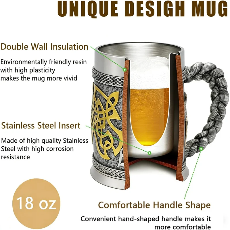 Hmusnwol Viking Mug Beer Stein Cup Drinkware 15.8oz for Man Dad Gifts