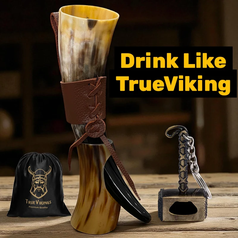Drinking Horn — 10-12 Inch Viking Gifts for Men & Women | With Thor Bottle Opener & Stand | Handmade & Real Ox Horns | Norse Viking Cup Perfect For Beer, Ale, Mead (12 Oz) (Shine Polished Pack of 2)