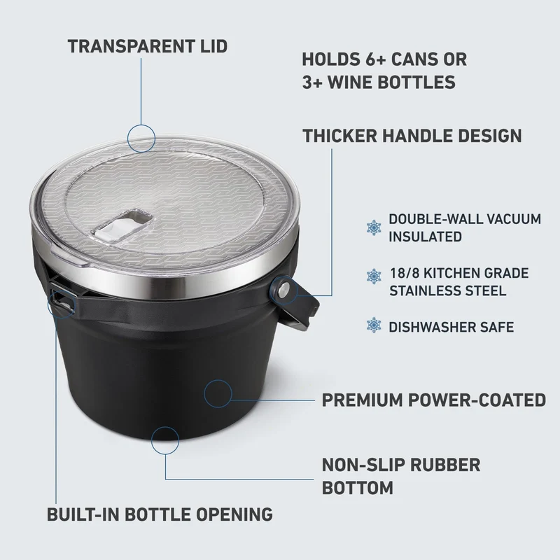 COKTIK 7L Insulated Ice Bucket with Lid，Double Wall Vacuum Stainless Steel Beverage Bucket Keeps Frozen Longer，Holds 6 Longnecks or 3 Bottles of Wine，for Cocktail, Champagne(No Accessories, Black)