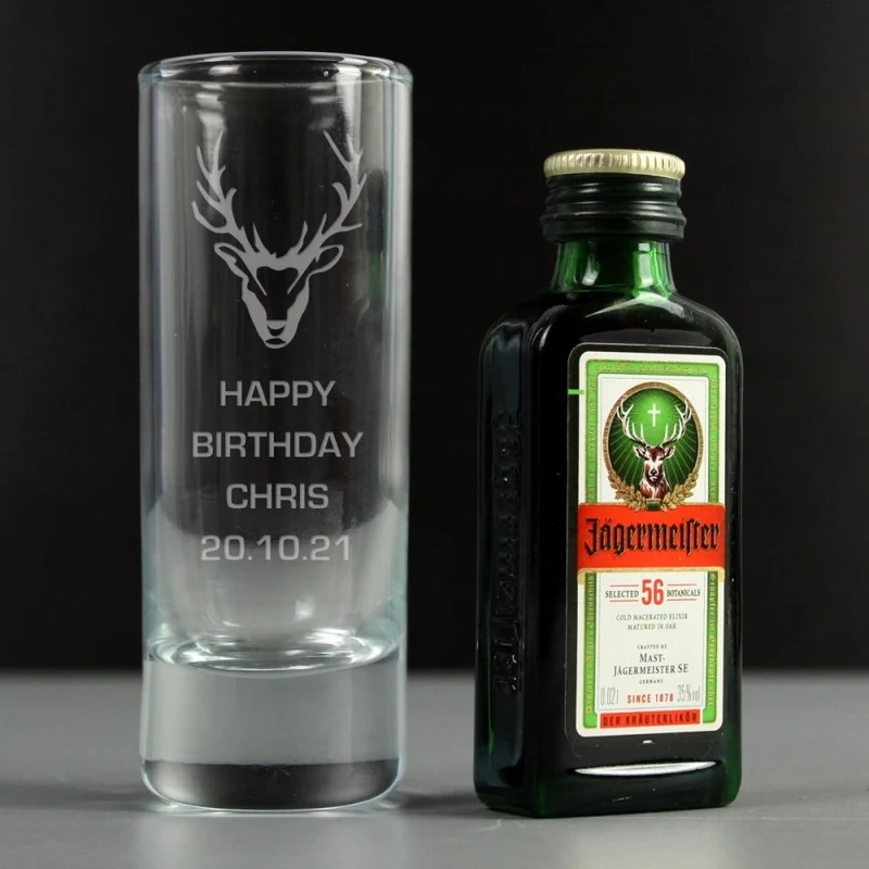 Personalised Stag Shot Glass And Miniature Jagermeister